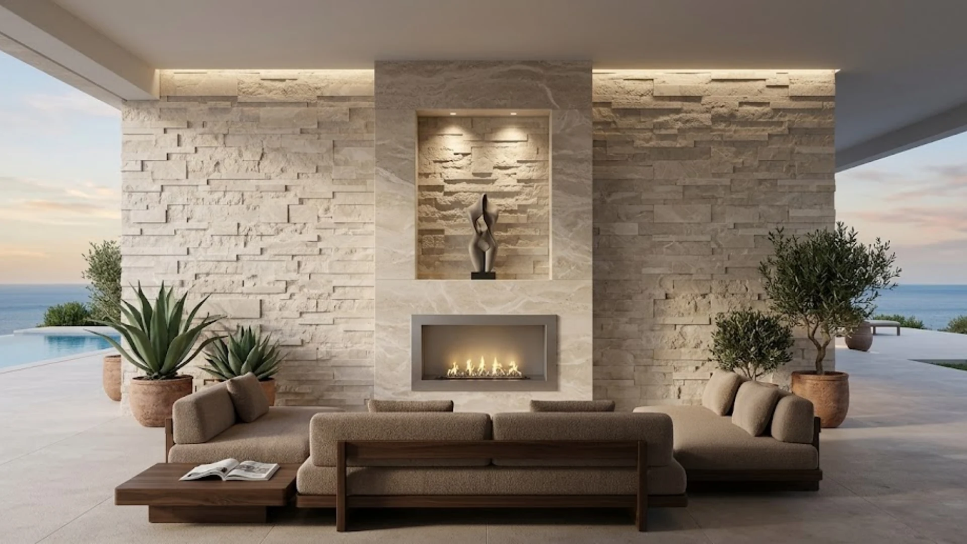Doğal taş duvarı ve sıcak tonları öne çıkaran açık yaşam alanı
